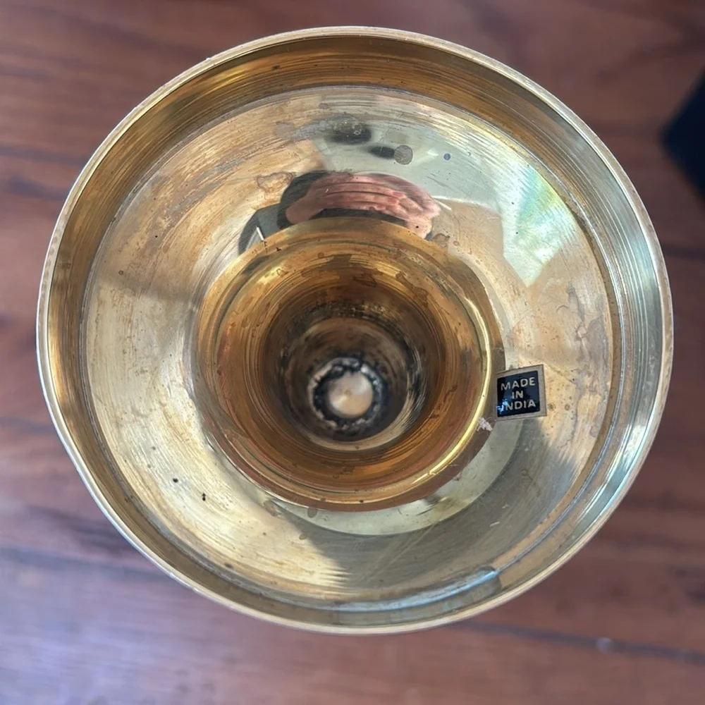 Brass Ball Top Candle Holder Gold Brass Finish 11” Tall MCM Minimalist Vintage